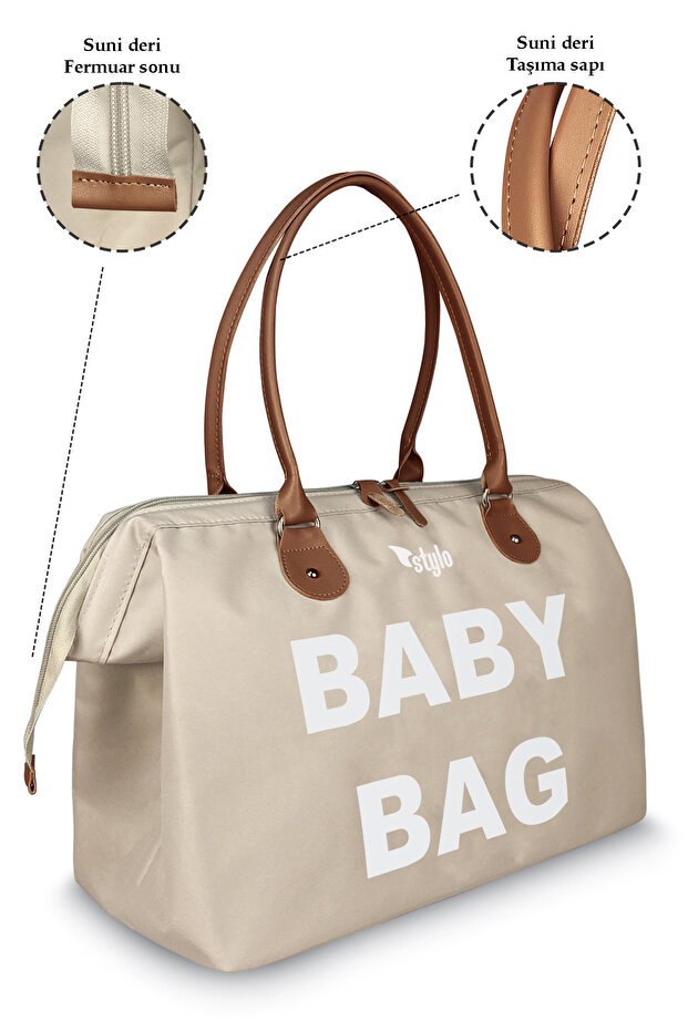 Baby Bag Baskılı Tek Anne Bebek Bakım Omuz Çantası - Vizon - 6