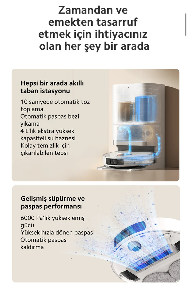 Robot Vacuum Plus Beyaz 6000 Pa Emiş Gücü - Kendini Temizleme - Döner Paspaslı - 4