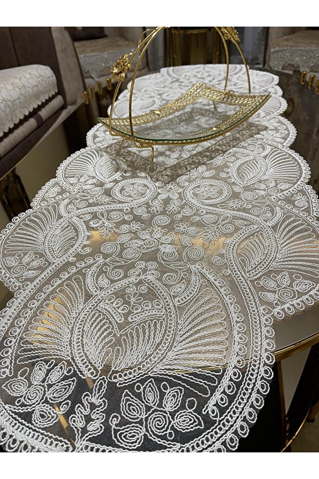 Luxury Runner Living Room Coffee Table Tablecloth French Laced Dowry (WHITE)1pc New Runner (133X45CM)