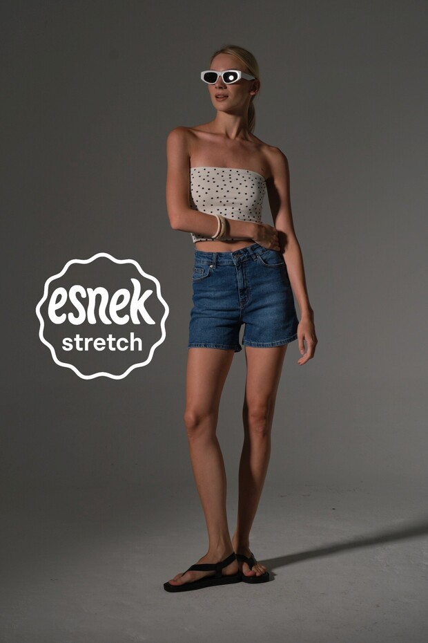 Esnek Denim Kumaş Pamuk Elastan 5 cep kot mini kadın jean şort - 1