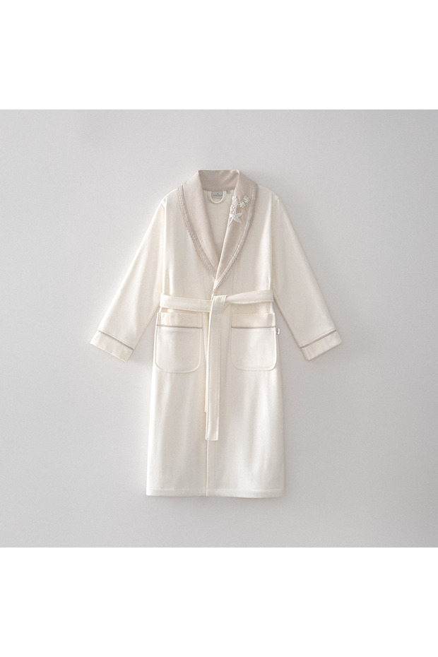 Ayliz Women's Bathrobe 100% Organic Cotton Cotton Linen Hand Embroidered Cream