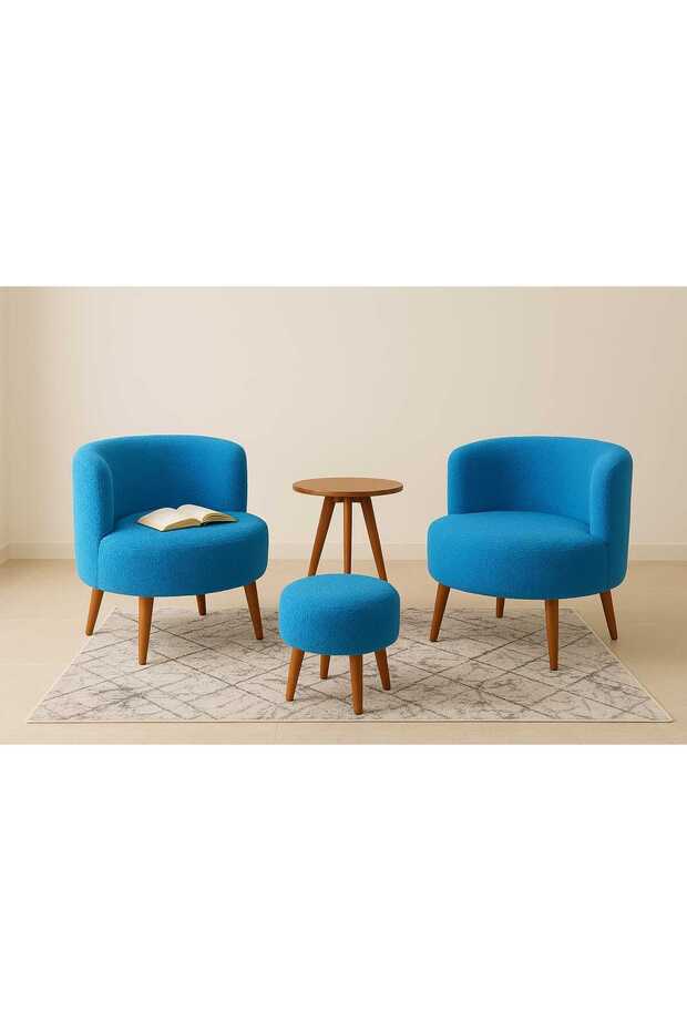 Mavi Çay Seti İkili Koltuk Berjer ve Puf Takımı (Salon, Balkon, Ofis) 3'Lü Takım - 6