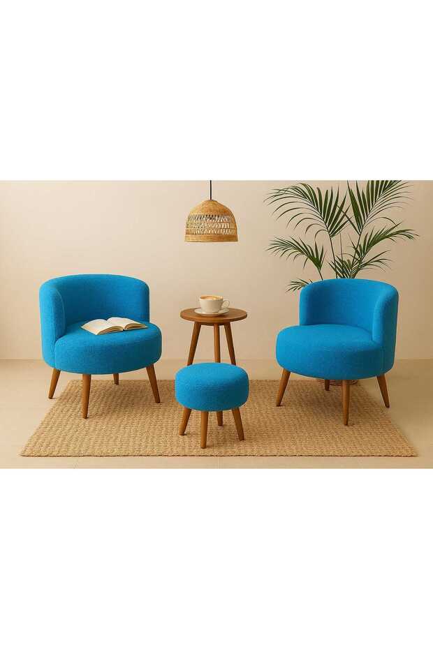 Mavi Çay Seti İkili Koltuk Berjer ve Puf Takımı (Salon, Balkon, Ofis) 3'Lü Takım - 5