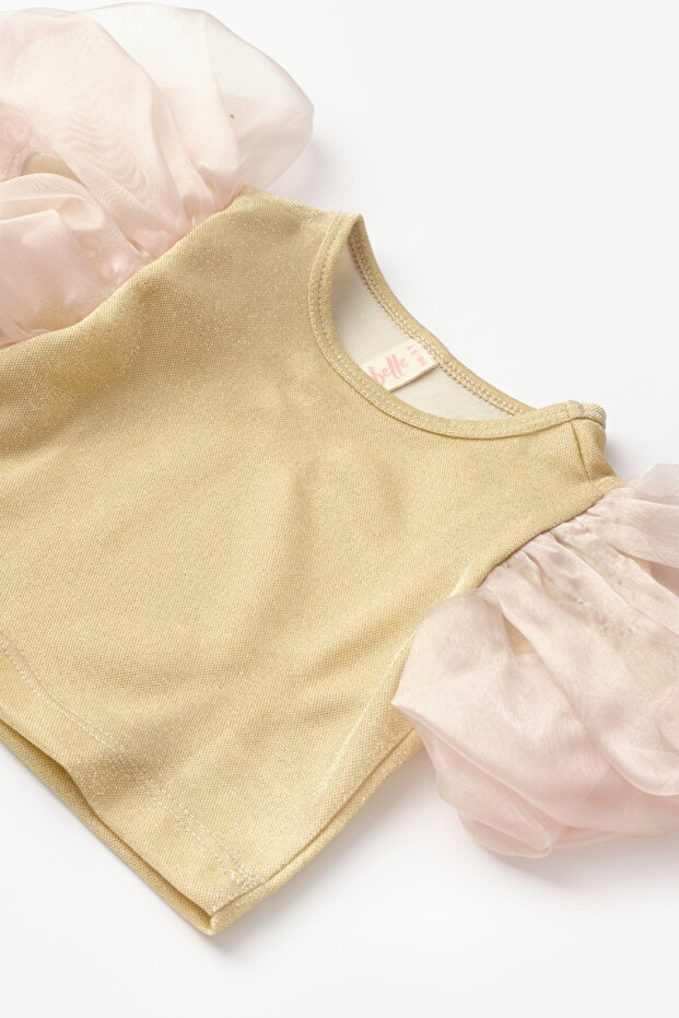 Altın  Kolları Tüllü Simli Kız Çocuk Crop - 3