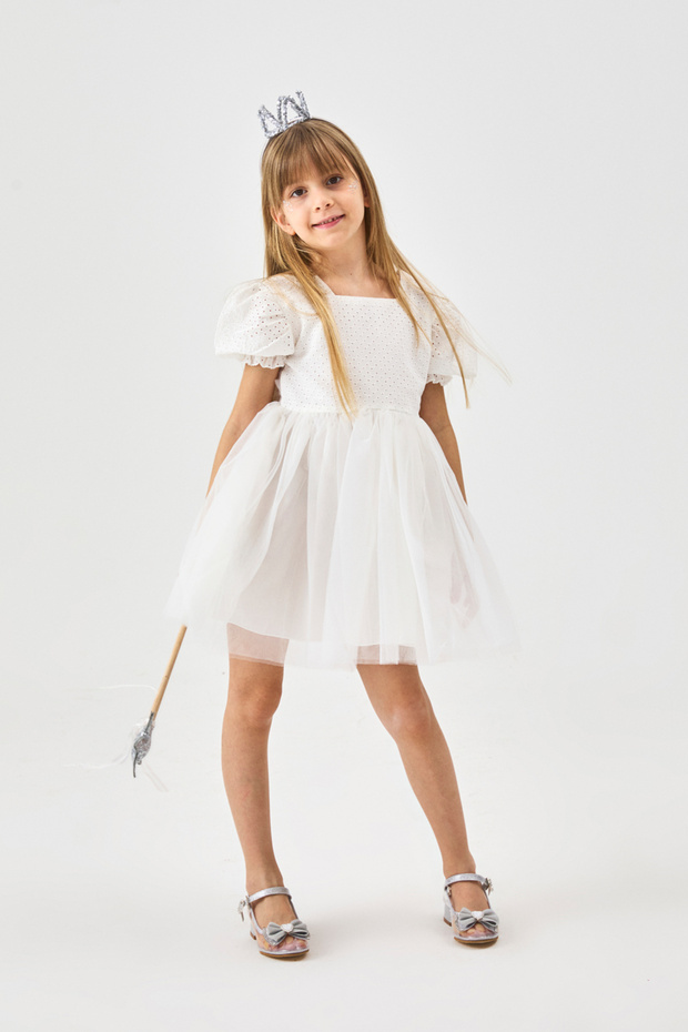 White Short Sleeve Scallop Blouse and Tulle Skirt Girls' Dress - Marcia