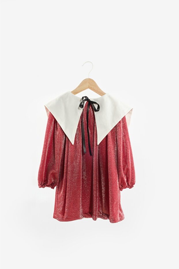 Kırmızı  Uzun Kollu Yaka Detaylı Simli Kız Çocuk Elbise - Maya - 1