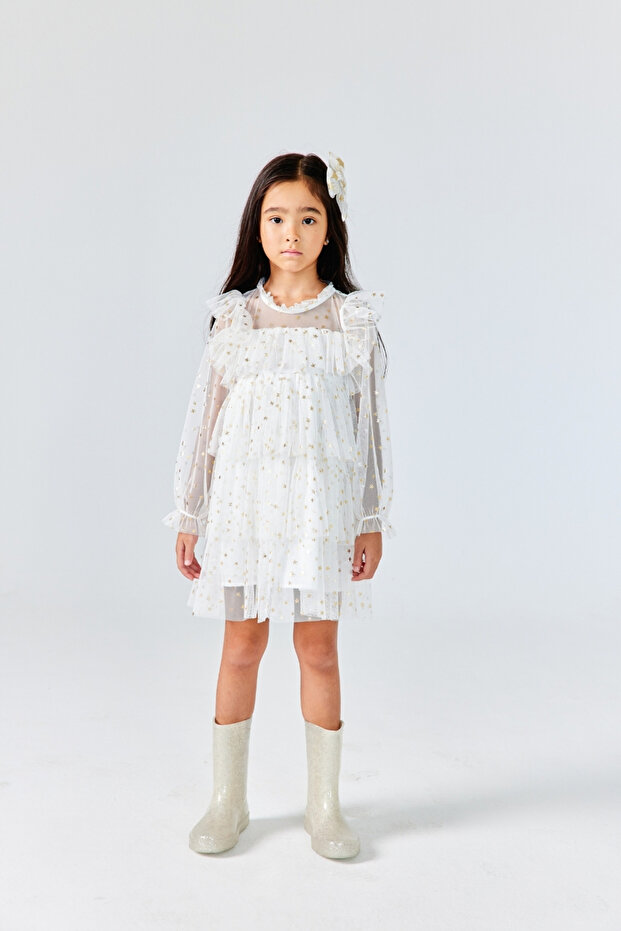 Ecru Star Patterned Layered Girls' Dress - Felicia