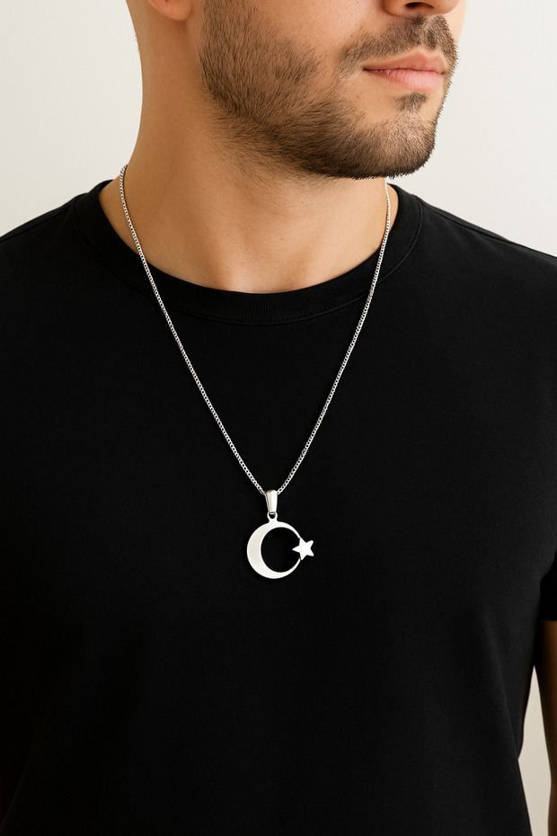Moon Star 316L Steel Chain Steel Pendant Silver Gray Color Stainless 55cm
