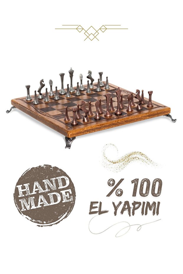 MC55 Metal Satranç Takımı 30x30cm | İSİM YAZILABİLİR | Gerçek Kayın Ağacı Tahtası | Antik Taşlar - 2