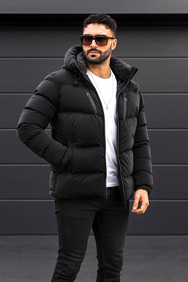 Men's Slim Fit Hooded Puffer Carbon Leather Coat