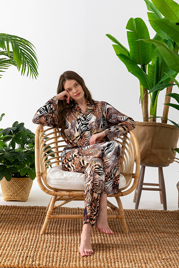 Luxury Boxed Leopard Satin Pajamas Set – Lace Sleeves, Long Sleeves, Silk Texture, Dowry Gift