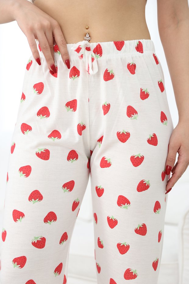 Women Strawberry Printed Viscose High Waist Pajama Bottoms
