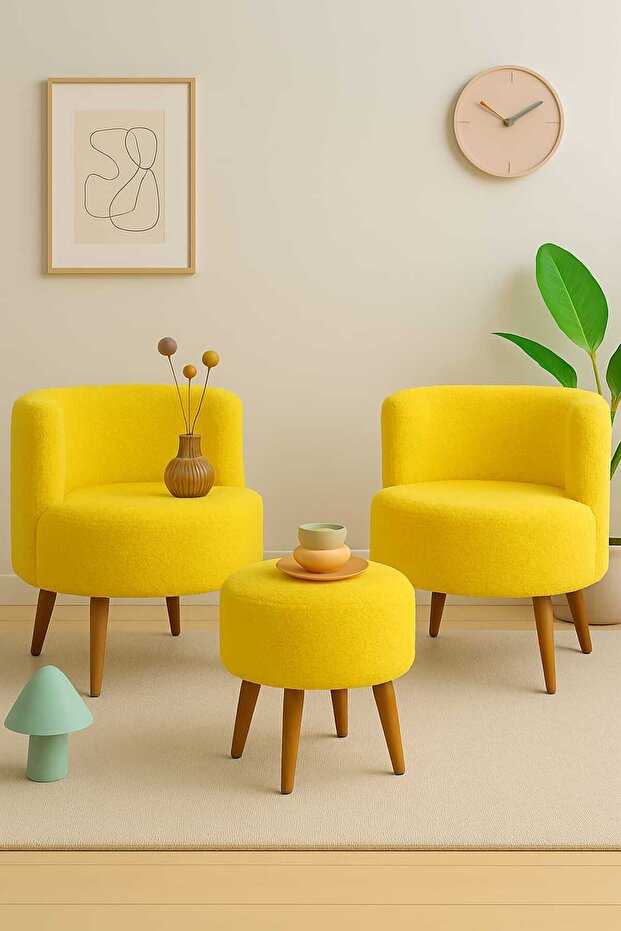 Sarı Çay Seti İkili Koltuk Berjer ve Puf Takımı (Salon, Balkon, Ofis) 3'Lü Takım - 3