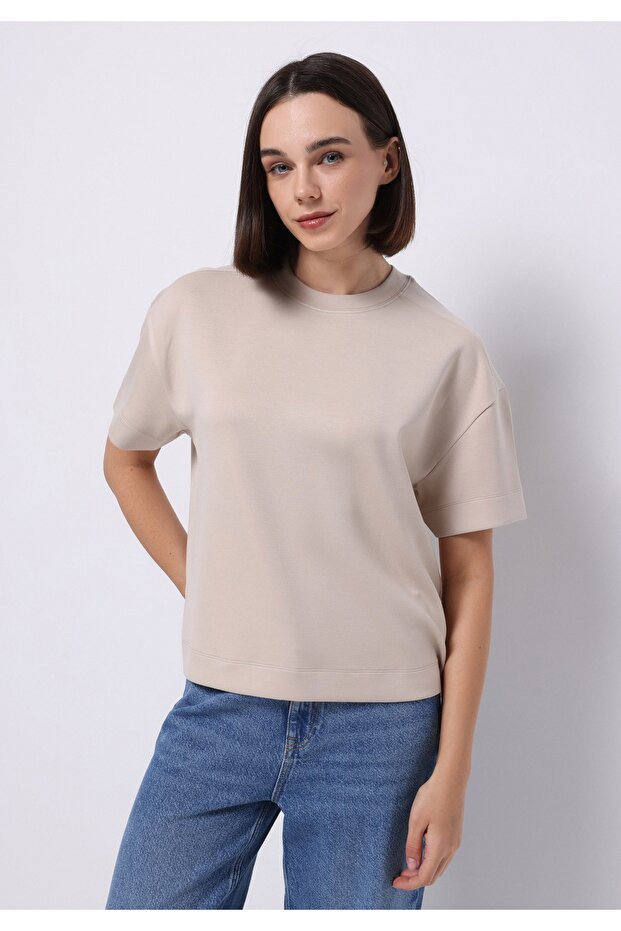 Regular Fit Round Neck Plain Women's Beige Short Sleeve T-Shirt