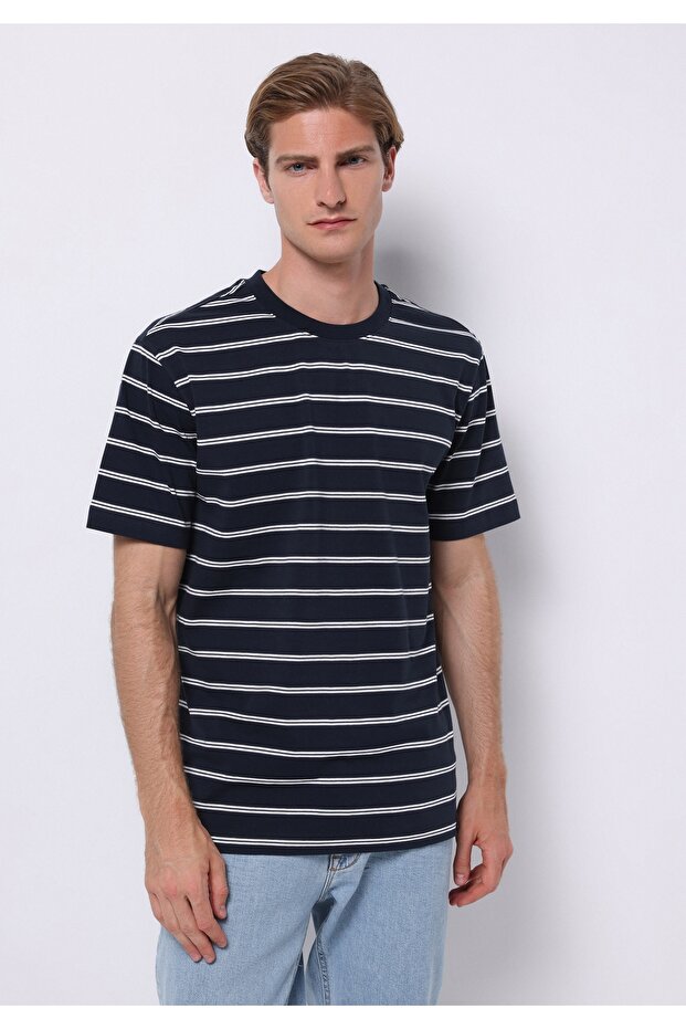 Comfort Fit Round Neck Striped Men's Navy Blue Short Sleeve T-Shirt