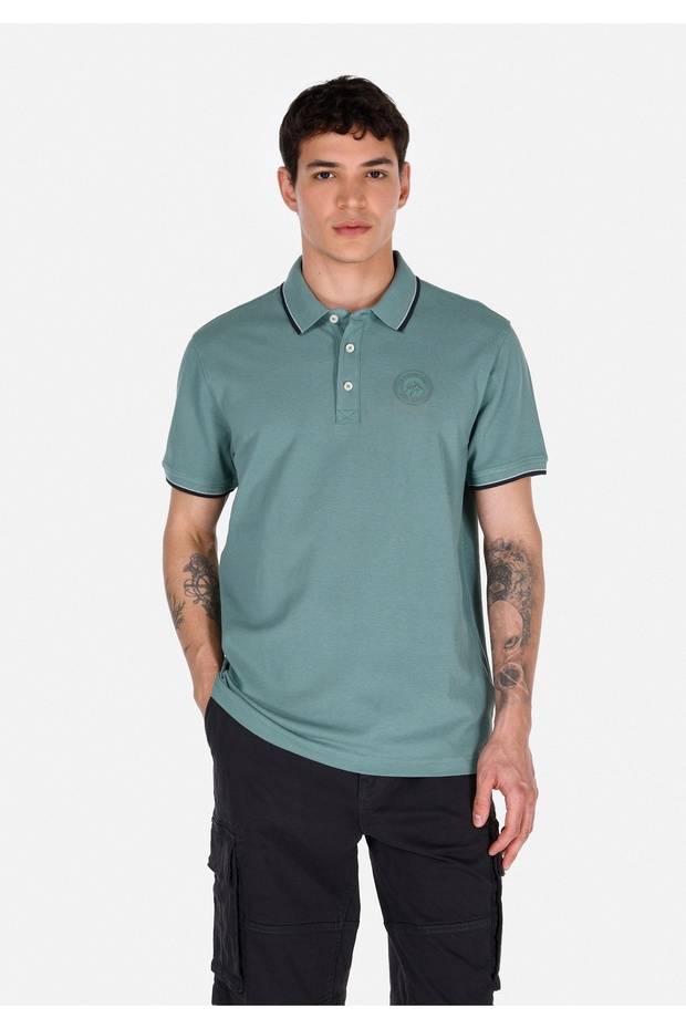 Regular Fit Polo Neck Plain Men's Green Short Sleeve T-Shirt