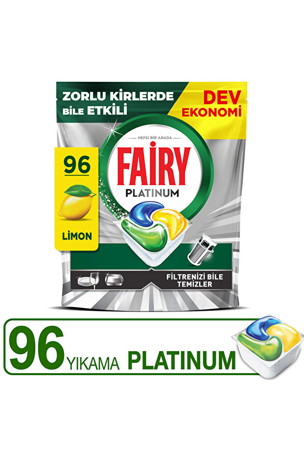 Fairy Platinum Hepsi Bir Arada Bulaşık Makinesi Tabletleri, Limon, 96 Tablet