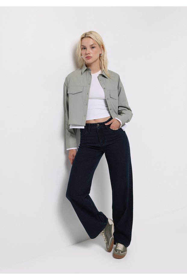 Regular Fit High Waist Wide Leg Women's Dark Indigo Jean Trousers