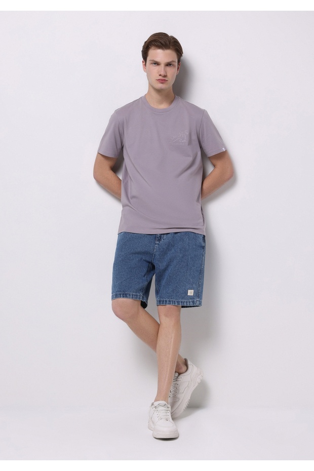 Regular Fit Orta Bel Düz Erkek İndigo Jean Şort - 3