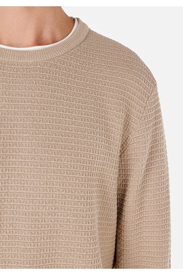 Regular Fit Yuvarlak Yaka Jakarlı Erkek Bej Kazak - 5