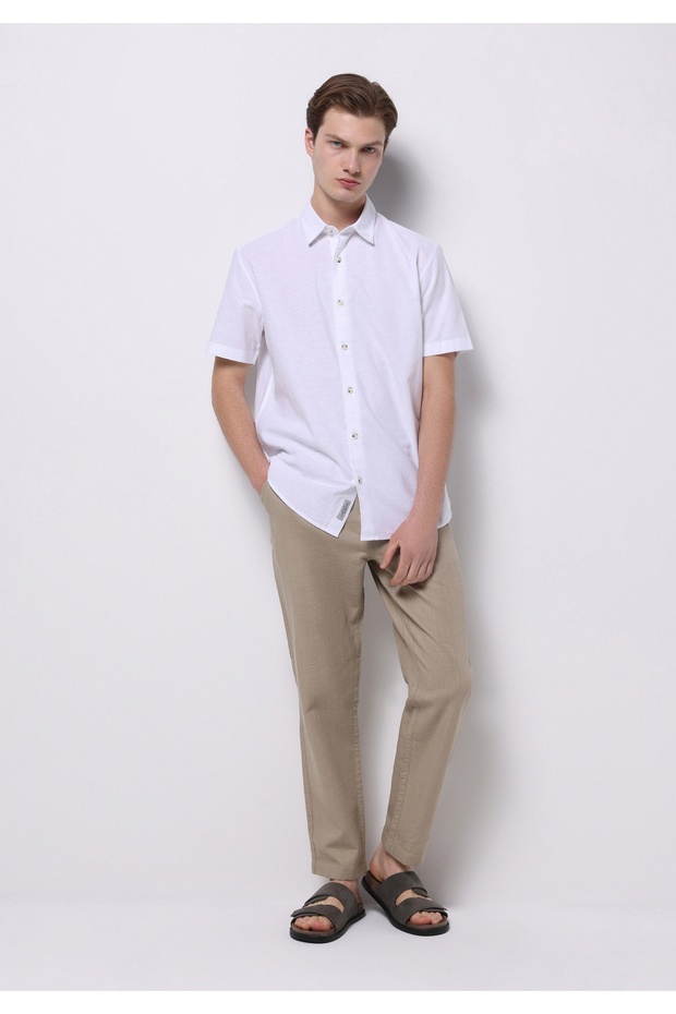 Regular Fit Orta Bel Uzun Paça Beli Bağcıklı Erkek Bej Pantolon - 1