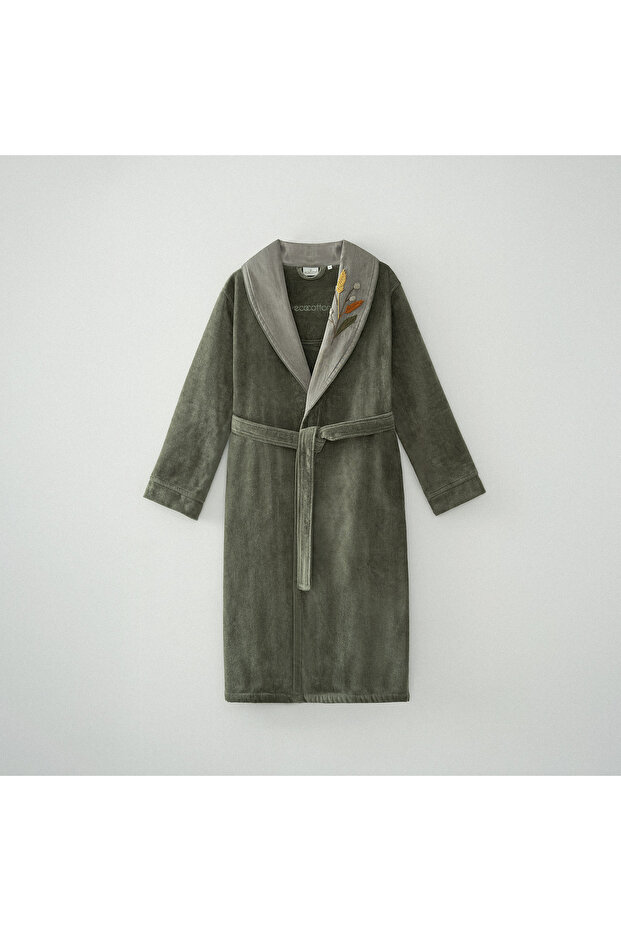Farah Women's Bathrobe 100% Organic Cotton Hand Embroidered Green