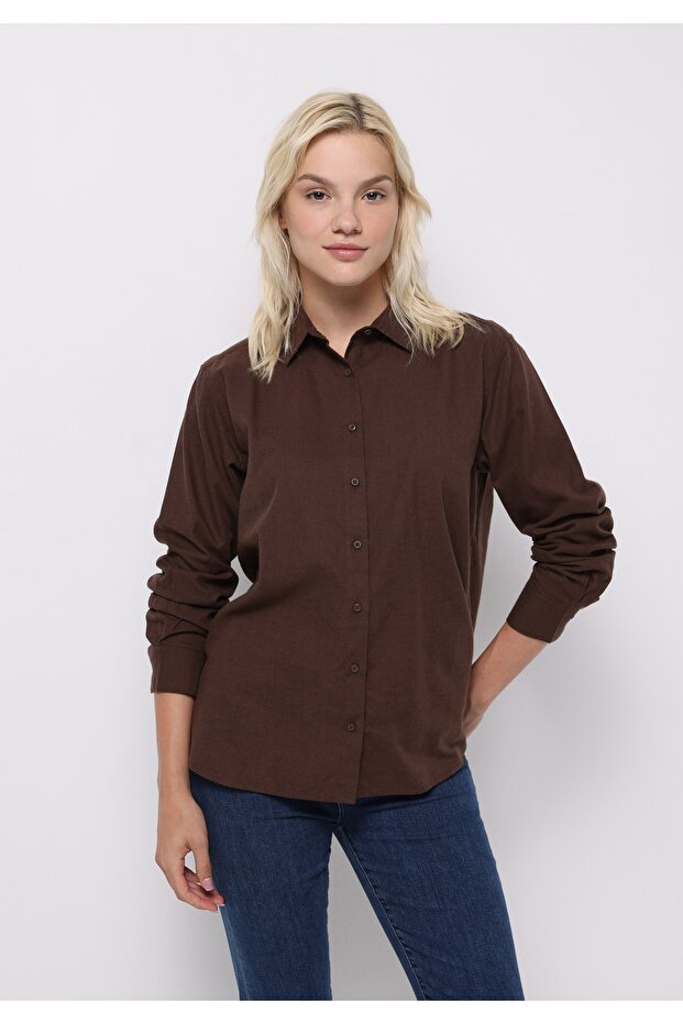 Regular Fit Shirt Neck Plain Women's Brown Long Sleeve Shirt