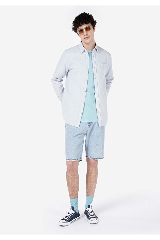 Comfort Fit Shirt Neck Düz Erkek Mavi Uzun Kol Gömlek - 3
