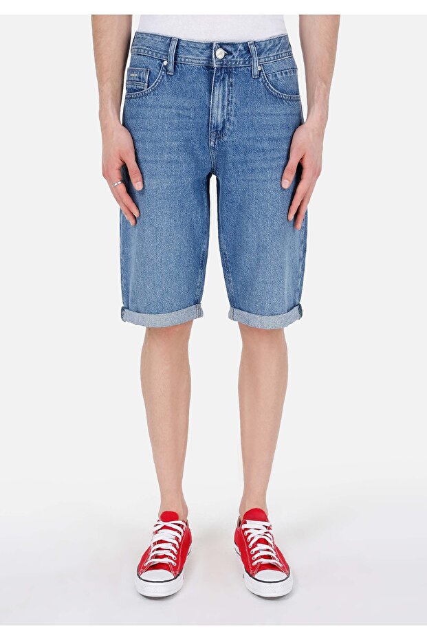 Straight Fit Düşük Bel Erkek Mavi Jean Şort - 4