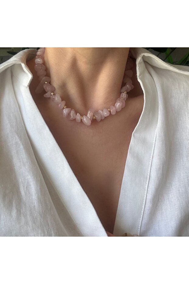 Pembe Kuvars Taşı Kolye - 1