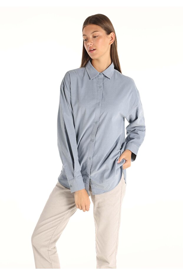 Regular Fit Basic Mavi Kadın Uzun Kol Gömlek - 1