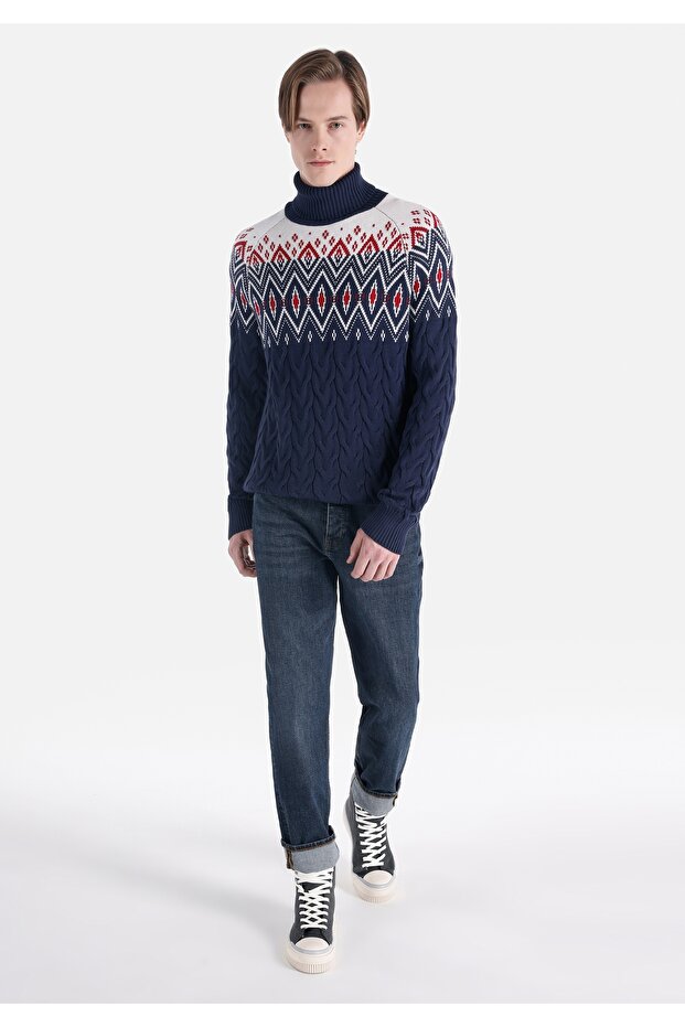 Regular Fit Turtle Neck Jakarlı Erkek Lacivert Kazak - 3
