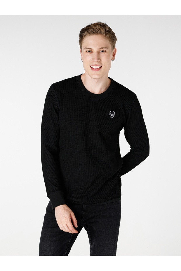 Regular Fit Yuvarlak Yaka Düz Erkek Siyah Uzun Kol Örme Tişört - 1