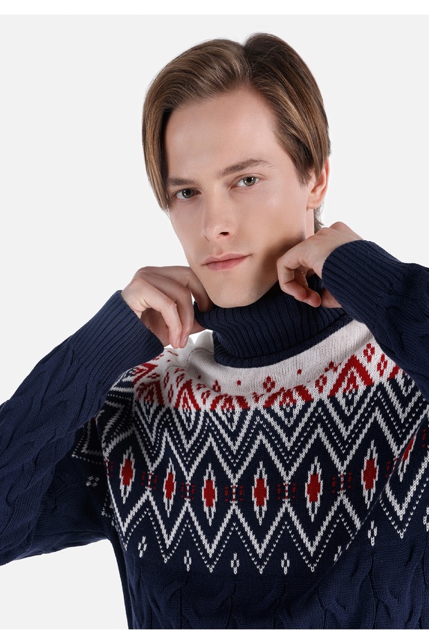 Regular Fit Turtle Neck Jakarlı Erkek Lacivert Kazak - 4