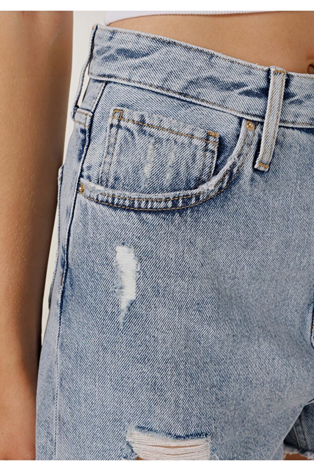 Regular Fit Yüksel Bel Kadın Mavi Jean Şort - 5