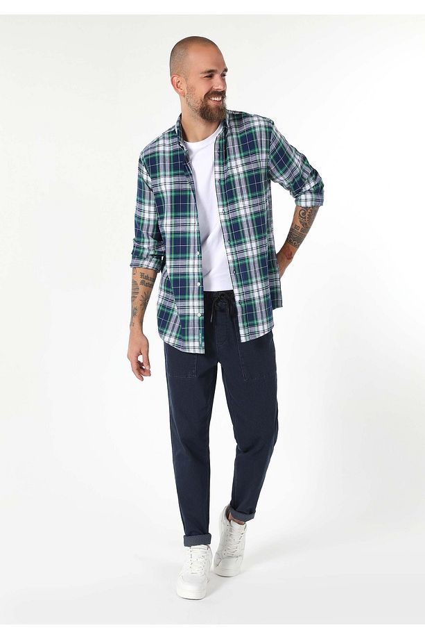 Regular Fit Shirt Neck Ekoseli Erkek Lacivert Uzun Kol Gömlek - 1