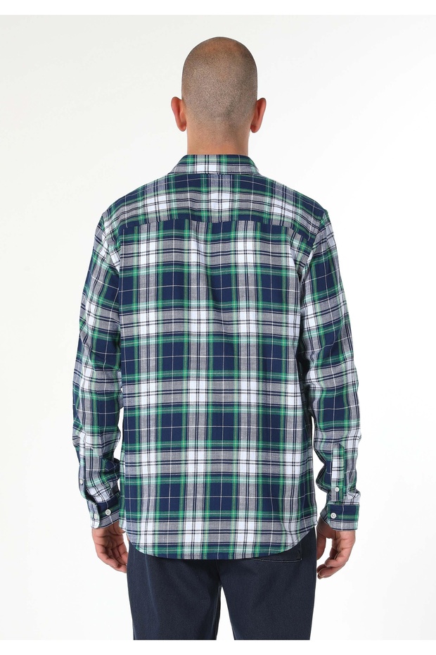 Regular Fit Shirt Neck Ekoseli Erkek Lacivert Uzun Kol Gömlek - 2