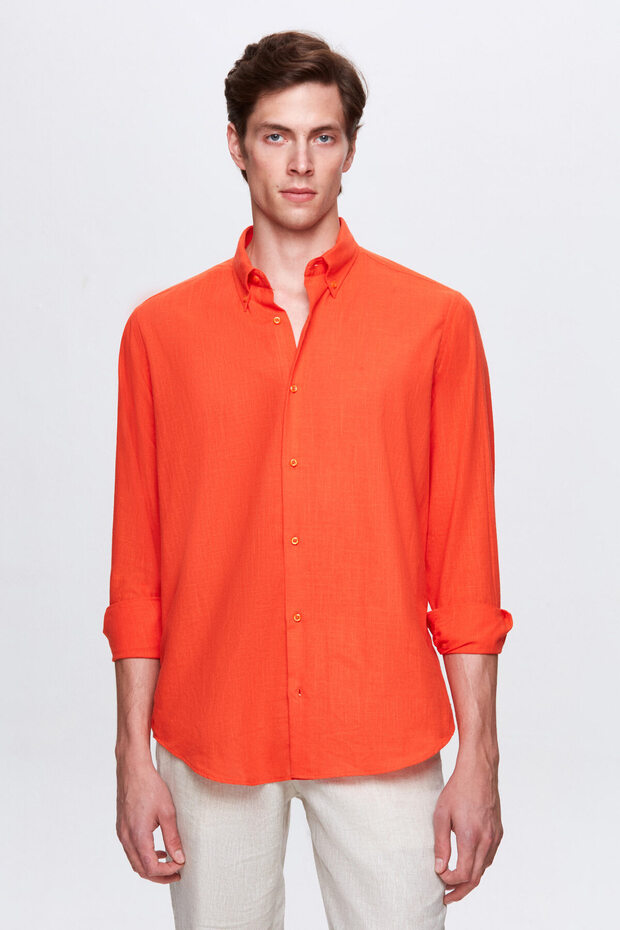Ds Groom Comfort Orange Button Collar Relaxed Fit Linen Look 100% Cotton Shirt