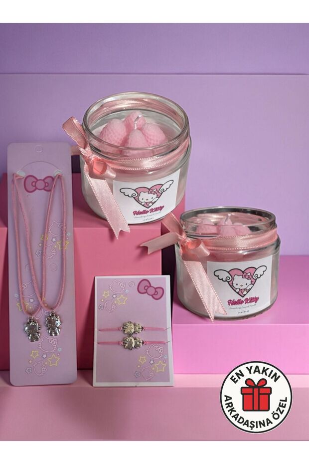 Hello Kitty Arkadaşlık Hediye Seti - 2 Adet Hello Kitty Mum + 2 Adet Hello Kitty Bileklik ve Kolye - 1