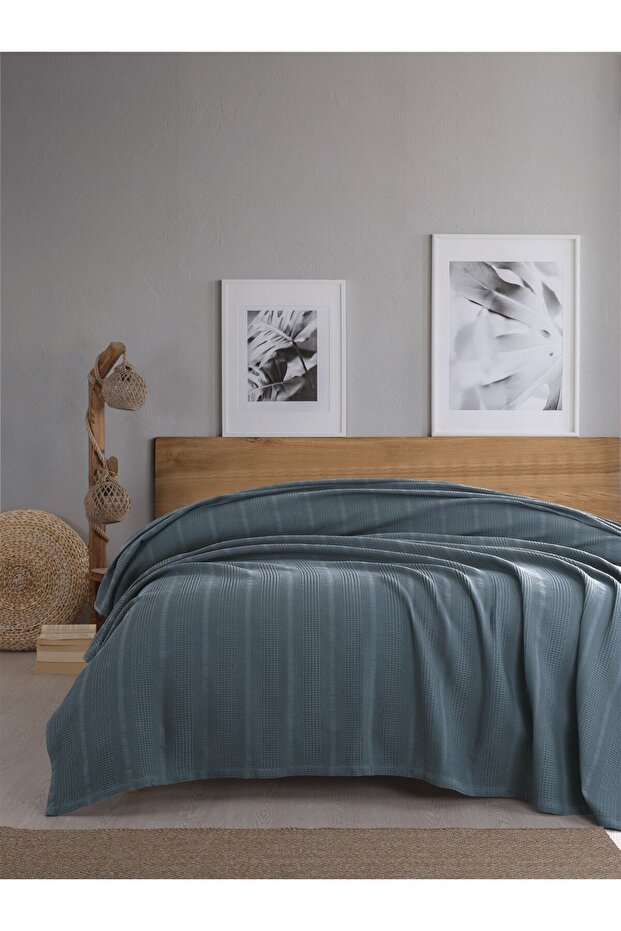 بيكيه وافل مزدوج 210×230 سم، 100% قطن، تصميم قرص العسل، نيلي