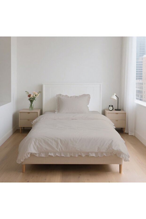 3 Piece Fabric Ruffled Single Duvet Cover Set with Elasticized Sheets
