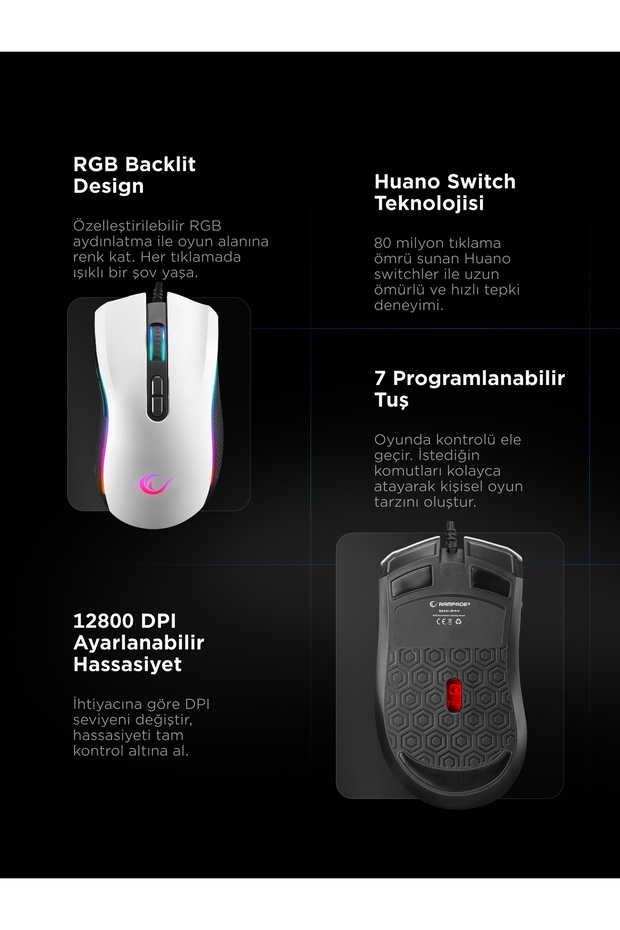 Smx-r44 V2 Makrolu Beyaz 12800 Dpı Rgb Usb Drag Click Örgü Kablo Pro Gaming Oyuncu Mouse - 7