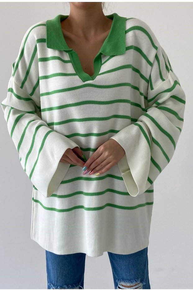 Line Patterned Knitwear Fabric V-Neck Bat Sleeve Design Oversize Sweater 196