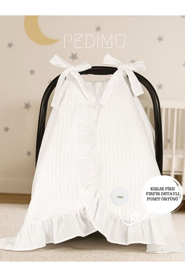 Winter Pique Fabric White Color Ruffle Detailed Stroller Cover