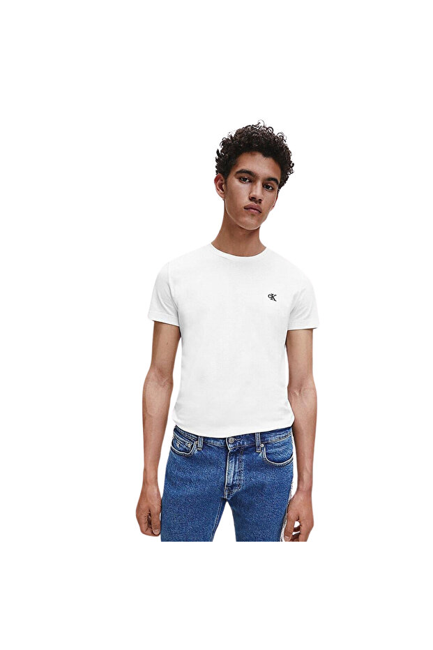 Men's Calvin Klein Embroidered Logo Organic Cotton Slim Fit Crew Neck Short Sleeve White