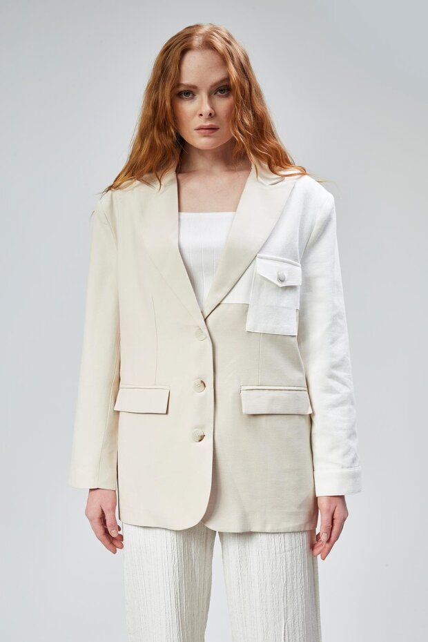 Denim Detail Double Breasted Collar Blazer Jacket Beige