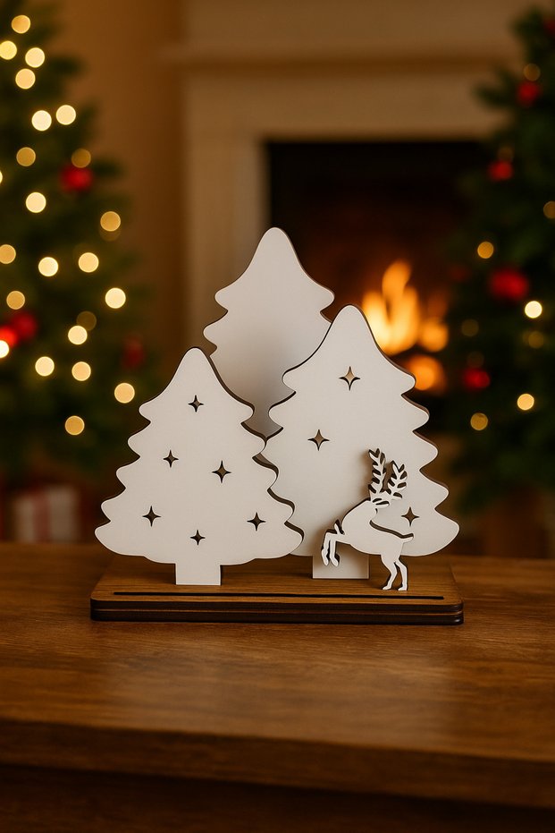 Nordic Design Illuminated White Christmas Tree with Deer Wooden Coffee Corner Table Decoration