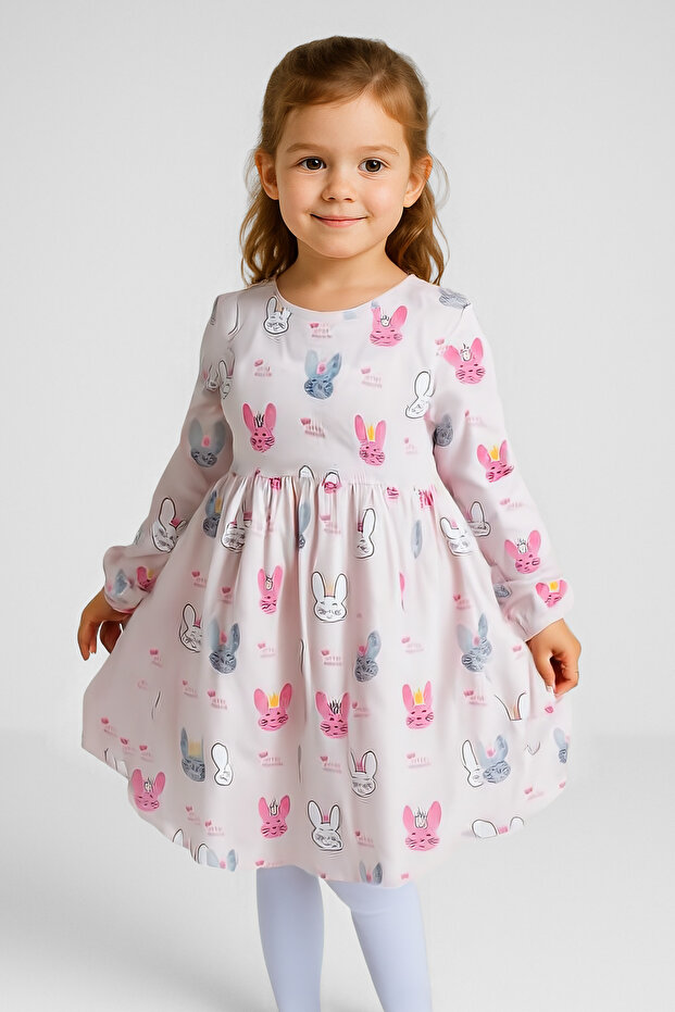 Baby Girl Rabbit Patterned Dress - Pink - 100% Cotton