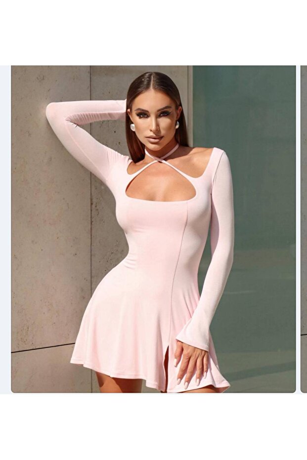 KADIN UZUN KOLLU KLOŞ MİNİ ELBİSE - 3