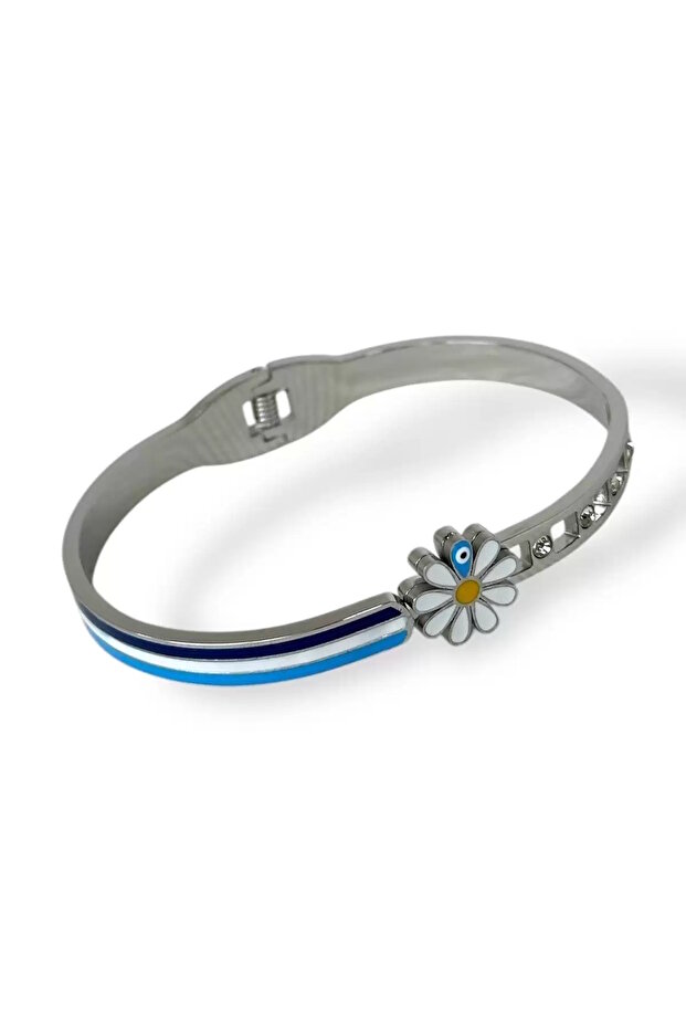 Silver Color Daisy Figured Stone Detailed Steel Handcuff Bracelet